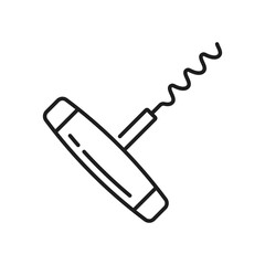 Corkscrew to uncork drinks and beverages, winery twisted tool, line art icon. Vector bottle opener with wooden handle, twisted spin to open wine