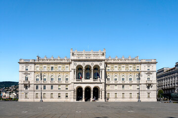 the façade of "Palazzo del Governo" building, once Palace of the Austrian-Hungarian lieutenancy and now house of the Prefecture, in piazza Unità d'Italia, Trieste city center, Italy