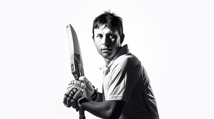 Retrato de jogador de críquete em silhueta de sombra no fundo branco