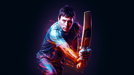 Cricket Batsman, efeito de luz neon, fundo escuro - obrazy, fototapety, plakaty