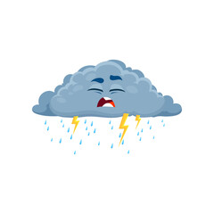 Cartoon unhappy lightning cloud weather character. Isolated vector rainy fluffy grey cloud with rain droplets falling from bottom and thunderbolt flashes. Overcast personage with sad face expression
