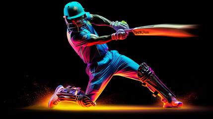 Cricket Batsman, efeito de luz neon, fundo escuro