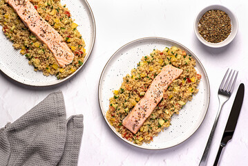 Food photography of baked, salmon, dish, salad, quinoa, cucumber, pepper, tomato, seasoning, fresh, chives, meal, food
