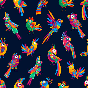 Cartoon Mexican and Brazilian parrot characters on seamless pattern background, vector funny birds. Colorful tropical and exotic jungle birds with Mexican alebrije art ornament pattern on feathers