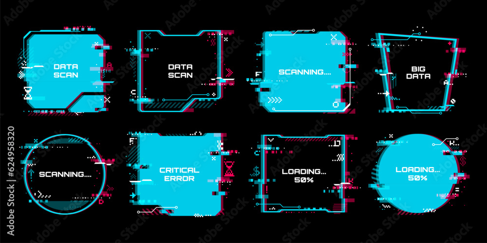 Poster Glitch tech banners. Technology abstract corrupted frames. Futuristic round and square frames or vector banners with computer monitor RGB pixel glitch, screen analog video fail or data loss bug