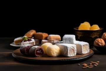 Fototapeta na wymiar oriental sweets on dark background .copy space. Generative AI