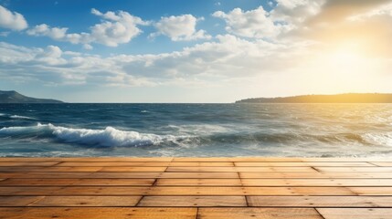 An empty wooden plank on a background of nature and water. Beautiful sky and clouds. Generative AI