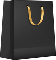Paper shopping bag with golden ribbon handle mockup. Boutique cardboard packaging, shop paper packet or isolated shopping package 3d vector mock up. Retail purchase bag realistic template or mockup - obrazy, fototapety, plakaty