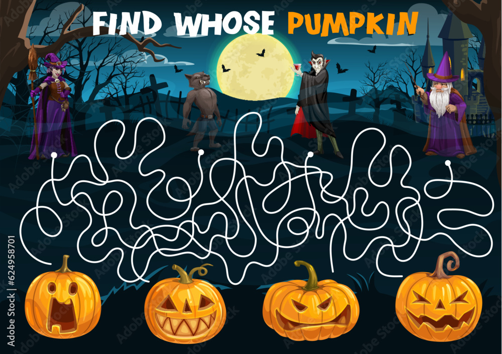 Poster halloween labyrinth maze. help to cartoon characters find the pumpkin. kids vector board game worksh