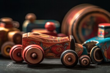 handmade wooden toys painted with patterns on a wooden table. folk art crafts. generative Ai, 