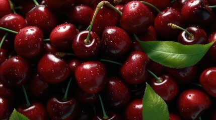 Background of multiple cherries with leaves. Healthy eating, summer freshness. Generative AI