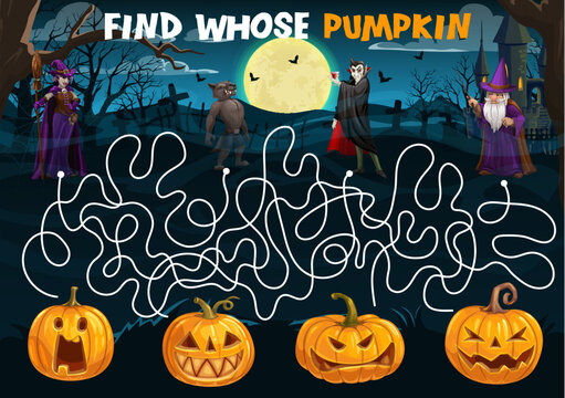 Halloween labyrinth maze. Help to cartoon characters find the pumpkin. Kids vector board game worksheet with funny witch, werewolf, vampire and wizard. Boardgame with tangled path, start and finish