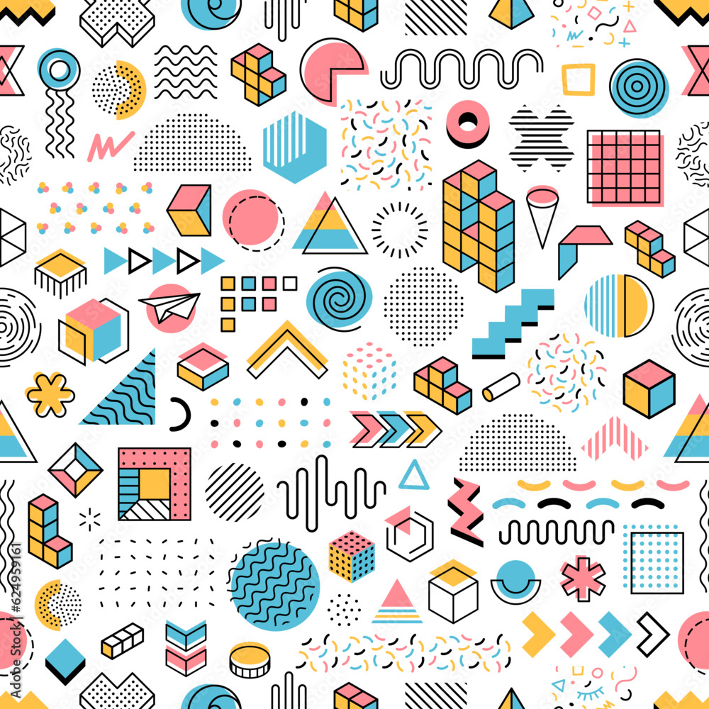 Fototapete memphis pattern background, abstract shapes and geometric elements, seamless vector. memphis pattern