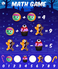 Math game worksheet. Cartoon halloween candies and sweets. Children mathematical quiz, vector riddle or math puzzle with Halloween zombie and gingerbread skeleton cookie, eyeball cupcake, candy cane