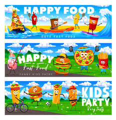 Cartoon cheerful fastfood characters on sport vacation. Takeaway cafe vector banners with pizza, sauces and soda, hamburger, french fries and pizza cute personages surfing, skating and playing soccer