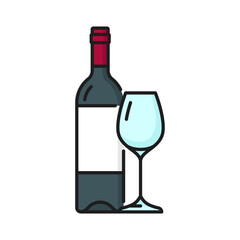 Bottle of red wine and glass isolated color line icon. Vector merlot semi sweet alcohol drink. Winery product, glass bottle, burgundy beverage and goblet
