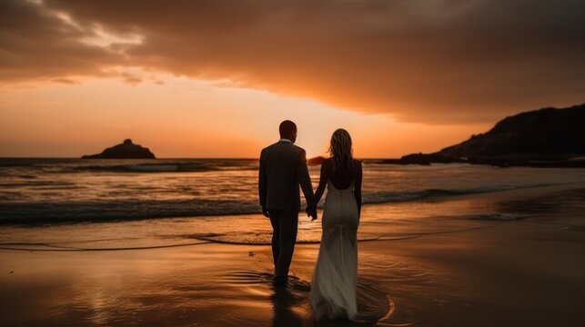 silhouettes of a happy couple in wedding clothes holding hands on the seashore at sunset. Generative AI
