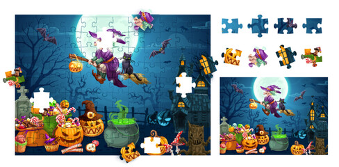 Halloween cartoon sweets and flying witch. Jigsaw puzzle game pieces. Vector worksheet for developing attentiveness. Logic task find detail that fell out of picture. Brain teaser quiz page for kids