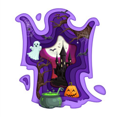 Halloween paper cut double exposition of ghost silhouette and midnight castle, vector card. Horror night holiday pumpkin, ghost, bats and spiders, witch potion cauldron, haunted house and full moon