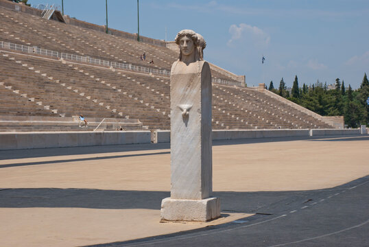 Athens, Greece / April 2025: The Hermes columns at The Panathenaic stadium, Kallimarmaro