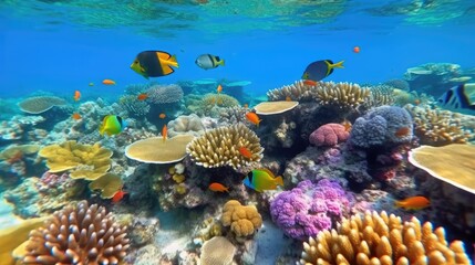 Group of colorful fish and sea animals with colorful coral. Reef with a variety of hard and soft corals and tropical fish. Tropical vacation. Generative AI