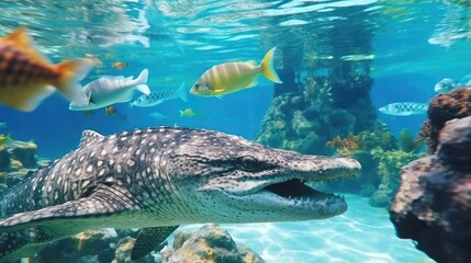 Group of colorful fish and sea animals with colorful coral. Reef with a variety of hard and soft corals and tropical fish. Tropical vacation. Generative AI