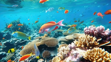 Fototapeta na wymiar Group of colorful fish and sea animals with colorful coral. Reef with a variety of hard and soft corals and tropical fish. Tropical vacation. Generative AI