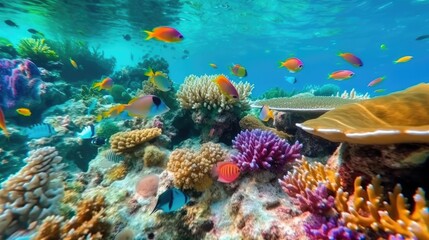 Group of colorful fish and sea animals with colorful coral