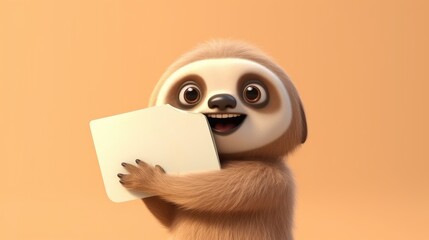 Cute cartoon sloth holding a blank sign. Created with Generative AI.