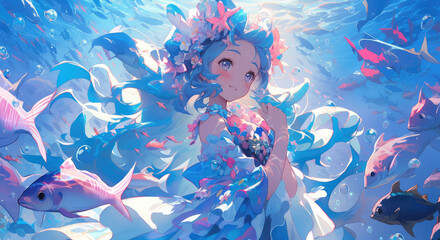 Anime girl underwater in a multicolored underwater costume, a group of colored fish on the background, illustration. Generative AI