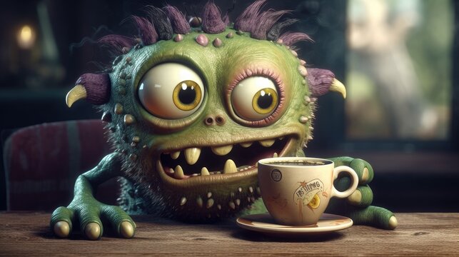Funny cartoon monster having cup of coffee. Created with Generative AI	
