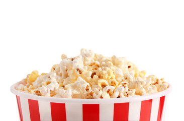 Bucket with tasty popcorn on white background