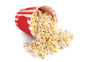 Bucket with tasty popcorn on white background