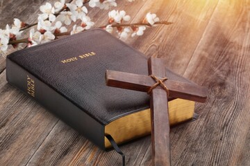 Religion wooden cross and bible book