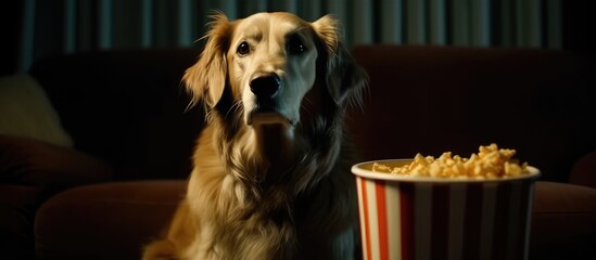 Dog is sitting on couch with popcorn and watching TV. Created with generative AI.