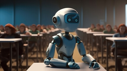 White friendly robot in class room. Robots in education concept. Created with generative AI.