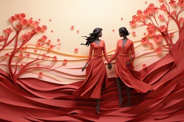 A couple of women in red dresses standing next to each other. Generative AI.