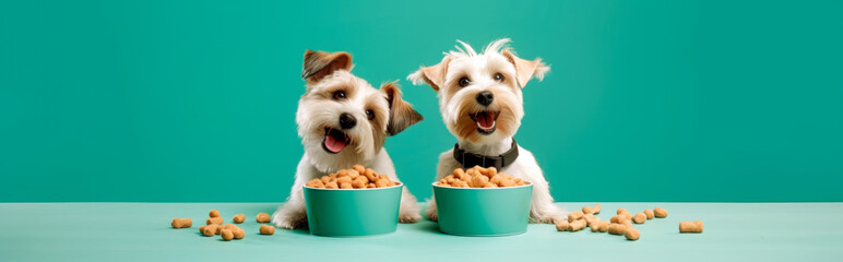 Happy laughing puppies eating kibble together, Generative AI