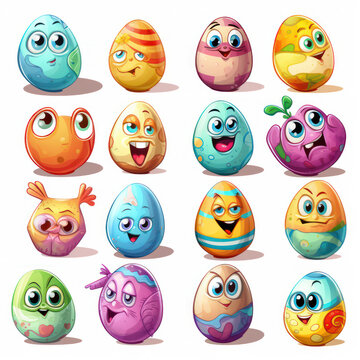 emotional colorful eggs on a white background. illustration painted eggs with digital face elements eyes smile mouth characters. Generative AI