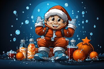 A cartoon santa claus sitting on a pile of oranges. Generative AI.