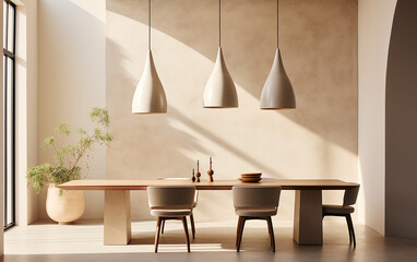 Interior design minimalista di moderna sala da pranzo con lampade a sospensione in ottone contro pareti in stucco beige. Stile di fotografia architettonica, - obrazy, fototapety, plakaty