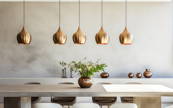 Interior design minimalista di moderna sala da pranzo con lampade a sospensione in ottone contro pareti in stucco beige. Stile di fotografia architettonica,