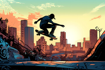 concept art, a dynamic city scene of a skateboarder performing a trick at a graffiti-covered skate park, with the city skyline in the background