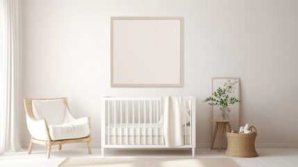 A baby's room with a crib and a chair. Generative AI. Empty frame on a wall mockup.