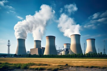 Fototapeta premium Cooling towers of nuclear power plant producing electrical energy with large pipes | Generative AI