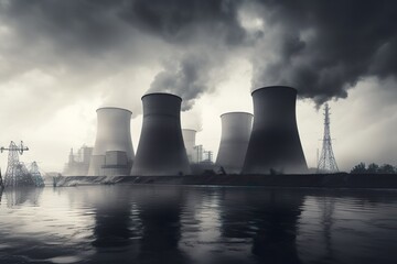 Fototapeta na wymiar Cooling towers of nuclear power plant producing electrical energy with large pipes | Generative AI