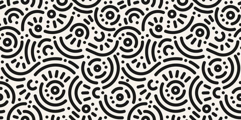 Seamless doodle geometric pattern. Abstract modern background with circles and curves. Hipster Memphis style. - 624962135