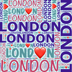 London words cloud illustration with Red hearts