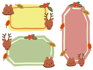 鹿と熊と木の葉の秋なフレームの手描き風イラストセット