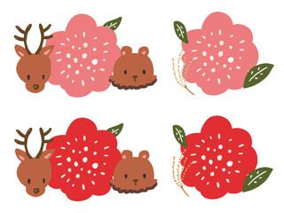鹿と熊の秋の花の見出し・フレームのイラストセット
